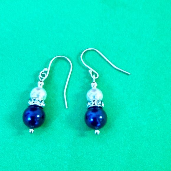 Midnight Blue Bling Dangle Drop Earrings Pearl, Crystal and Agate Beads - Picture 3 of 4